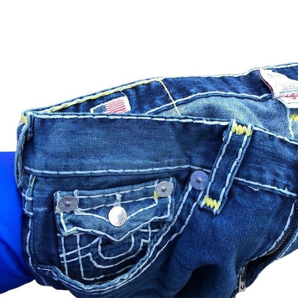 Vintage True Religion Jeans Size 36 RICKY SUPER T Yellow Stitch Blue - Picture 5 of 9